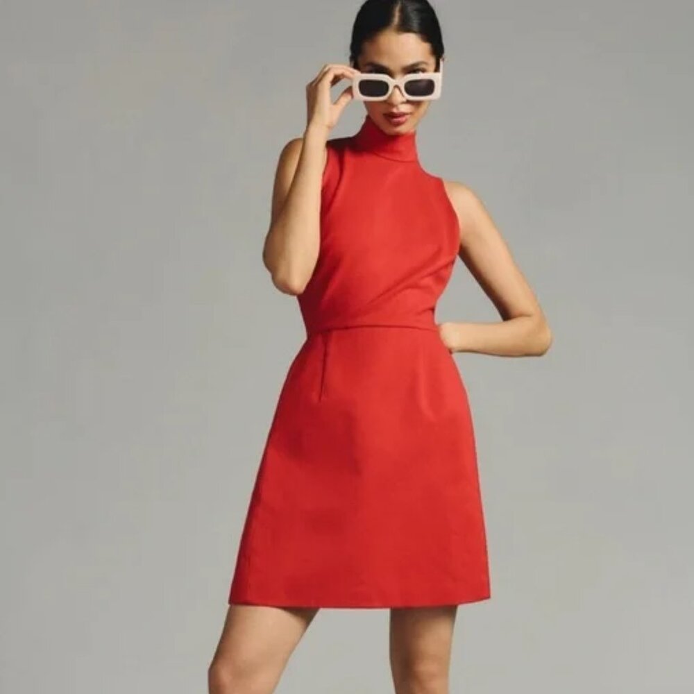 Anthropologie Hutch Mock Neck Mini Dress Open Back Red Coral Women's Size Large